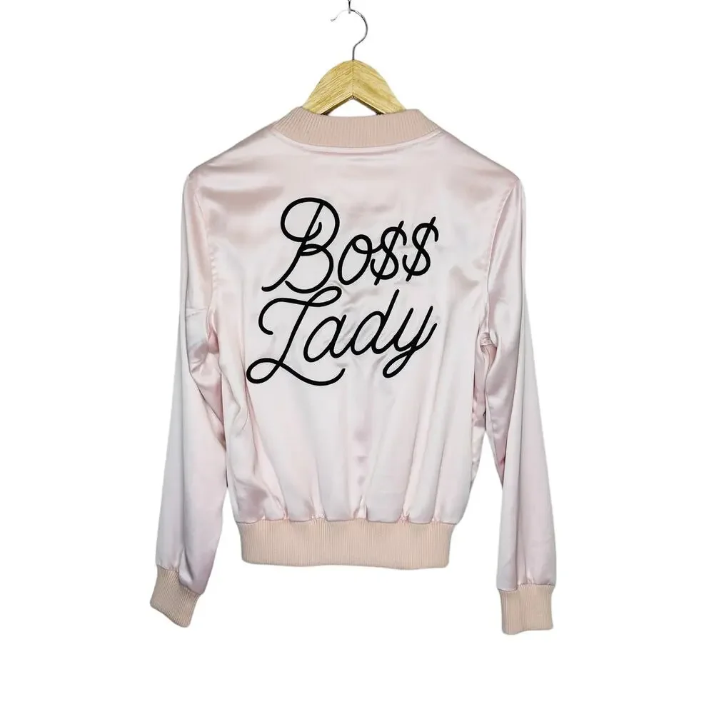 Mistress Rocks Boss Lady Pink Satin Bomber Jacket Size Small - Picture 11 of 14